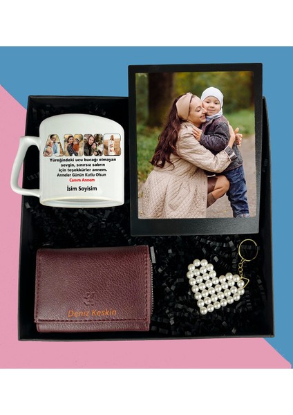 Anneler Gününe Özel Resimli Masaüstü Kolaj Çerçeve Lüx Nescafe ve Çay Fincanı Bayan Cüzdan Inci Anahtarlık