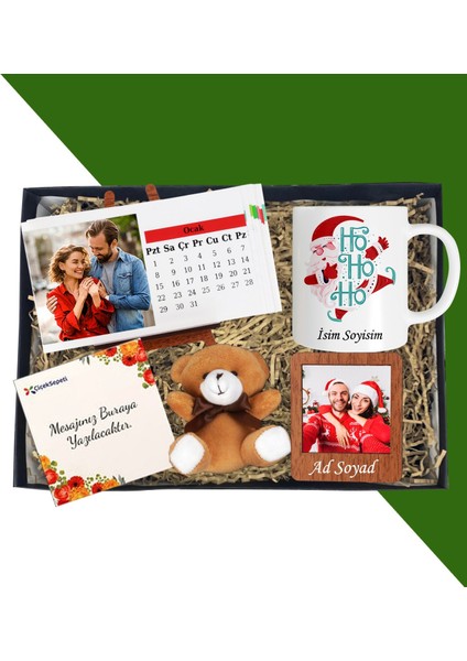 Kişiye Özel Yılbaşı Hediyesi Yatay Masaüstü Her Ay Için Özel 12 Fotoğraflı Masa Takvimi ve Kupa Bardak Peluş Ayıcık Ahşap Çerçeve