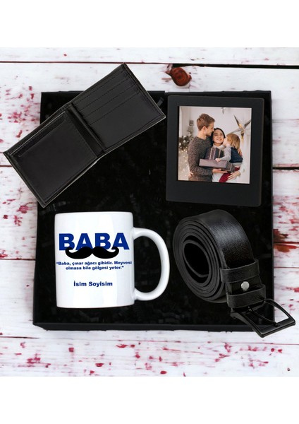 Kişiye Özel Baba Tasarımlı Kupa Bardak Erkek Cüzdan Kemer Siyah Mdf Çerçeve Özel Hediye Seti (Siyah)
