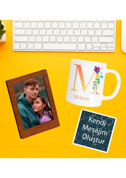 Kişiye Özel Baş Harf Isim Soyisim Beyaz Kupa Fotoğraflı Çerçeve ve Kendi Mesajını Oluştur Kart Seti