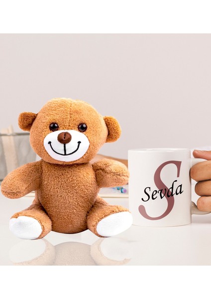 Kişiye Özel 25CM Peluş Ayıcık ve Baş Harf ve Isimli Tasarımlı Beyaz Kupa