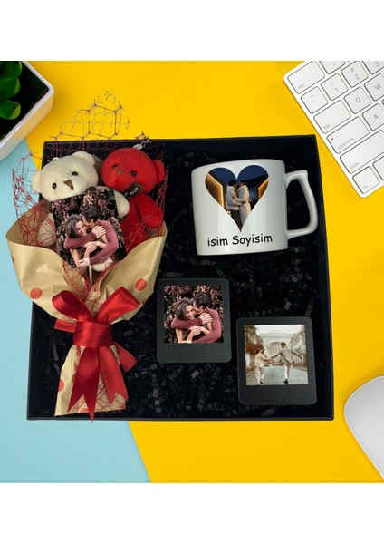 Kişiye Özel Premium Fotoğraflı Resimli Ayıcık Buketi Resimli Çay ve Nescafe Fincanı Ahşap Siyah Masaüstü Çerçeve