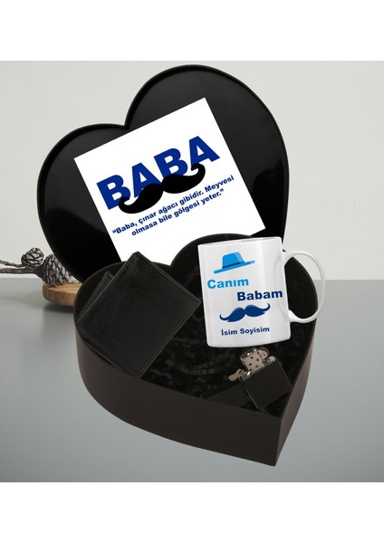 Babalar Gününe Özel Baba Tasarımlı Kupa Bardak Erkek Cüzdan Kemer Çakmak Kalp Kutu (Siyah-Siyah)