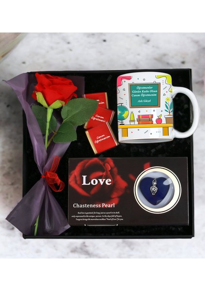 Kişiye Özel Öğretmenler Günü Tasarımlı Kupa Bardak Istiridye Kolye Madlen Çikolata ve Gül Demeti Seti (Beyaz)