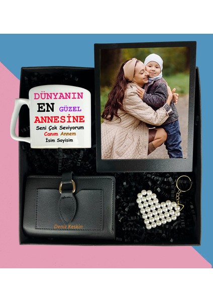 Anneler Gününe Özel Fotoğraflı Siyah Masaüstü Çerçeve Çay ve Nescafe Fincanı Bayan Cüzdan Inci Anahtarlık