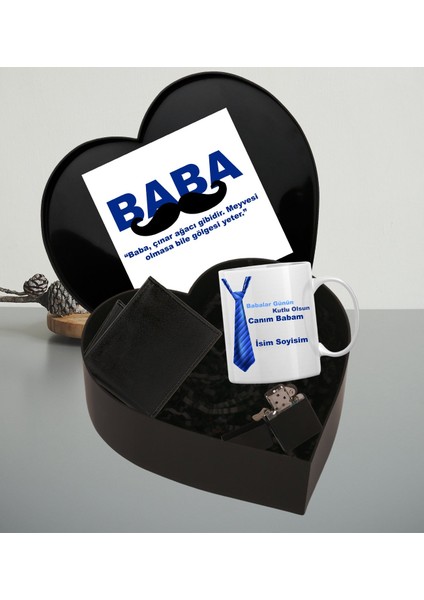 Babalar Gününe Özel Baba Tasarımlı Kupa Bardak Erkek Cüzdan Kemer Çakmak Kalp Kutu (Siyah)