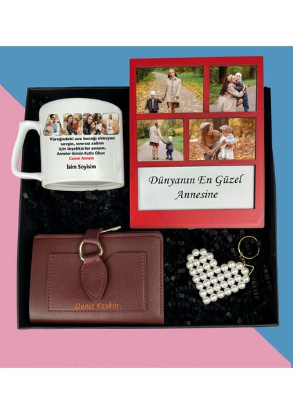 Anneler Gününe Özel 4 Fotoğraflı Kolaj Çerçeve Çay ve Nescafe Lüx Fincan Bayan Cüzdan Inci Anahtarlık Hediye Seti