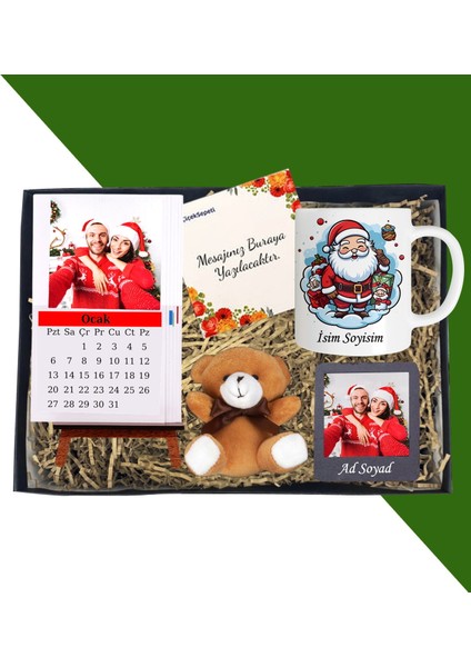 Kişiye Özel Yılbaşı Hediyesi Dikey Masaüstü Her Ay Için Özel 12 Fotoğraflı Masa Takvimi ve Kupa Bardak Peluş Ayıcık Siyah Çerçeve