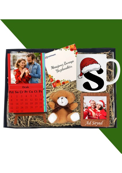 Kişiye Özel Dikey Renkli Masaüstü Her Ay Için Özel 12 Fotoğraflı Masa Takvim ve Kupa Bardak Peluş Ayıcık Ahşap Çerçeve