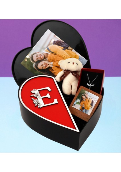 Kişiye Özel Kalpli Kutu Baş Harf Tasarımlı Kalp Kutu ve Peluş Ayıcık Anahtarlık Çerceve ve Melek Kolye (Kırmızı-Beyaz)