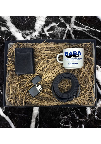 Kişiye Özel Babam Tasarımlı Nescafe Fincanı Mekanizmalı Cüzdan Kemer Çakmak Özel Hediye Seti (Siyah-Siyah)