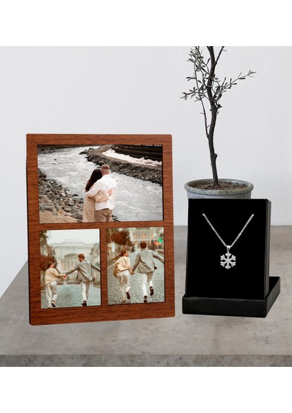 Kişiye Özel 3 Fotoğraflı Kolaj Ahşap Çerçeve ve Kartanesi Kolye Set