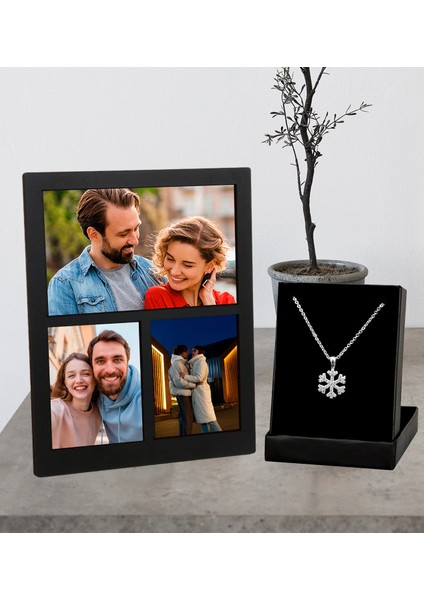 Kişiye Özel 3 Fotoğraflı Kolaj Ahşap Çerçeve ve Kartanesi Kolye Set modelleri