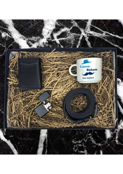 Kişiye Özel Babam Tasarımlı Nescafe Fincanı Mekanizmalı Cüzdan Kemer Çakmak Özel Hediye Seti (Siyah-Mavi)