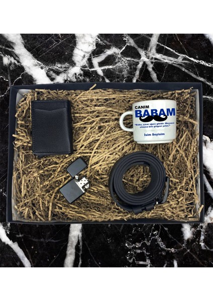 Kişiye Özel Babam Tasarımlı Nescafe Fincanı Mekanizmalı Cüzdan Kemer Çakmak Özel Hediye Seti (Siyah)