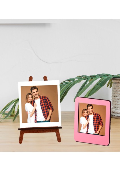 Kişiye Özel Fotoğraflı Ahşap Masaüstü Şövale ve Pembe Çerçeve Set