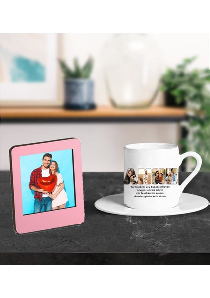 Kişiye Özel Fotoğraflı Anne Tasarımlı Türk Kahve Fincanı ve Resimli Pembe Çerçeve
