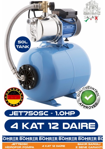 JET750SC 1.0 Hp Paslanmaz Giriş Çıkış 50L Yatay Genleşme Tank -- Otomatik Hidrofor Bina Bahçe Su Pompası – 4 Kat 12 Daire - Su Basıncında Profesyonel Çözüm!