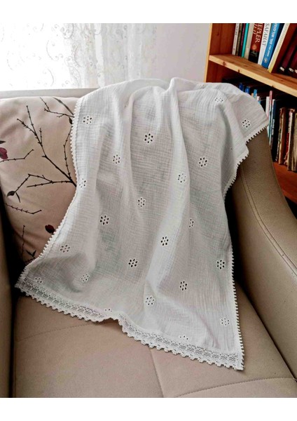 % 100 Pamuklu - Nakışlı Muslin Omuz Şalı – 55X140 cm