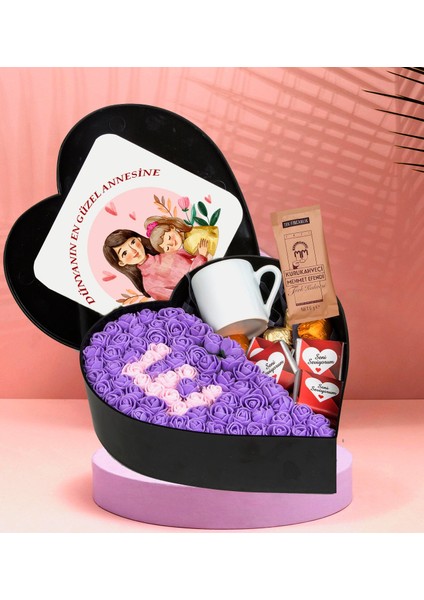 Anneler Gününe Özel Kalp Kutu Tasarımlı New Kalp Kutu Çiçek Çikolata Buketi Kahve Fincanı ve Türk Kahvesi (Mor)