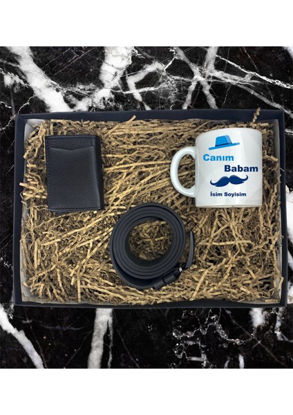 Kişiye Özel Canım Babam Isim Soyisim Tasarımlı Kupa Bardak Mekanizmalı Cüzdan Kemer Özel Hediye Seti (Siyah-Siyah)