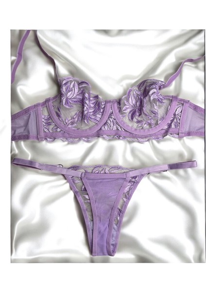 Lila Çiçek Desenli Balenli Sütyen Takımı fiyatları