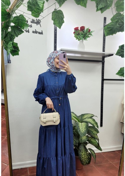 Yarım Düğmeli Eteği Fırfırlı Denim Kot Elbise