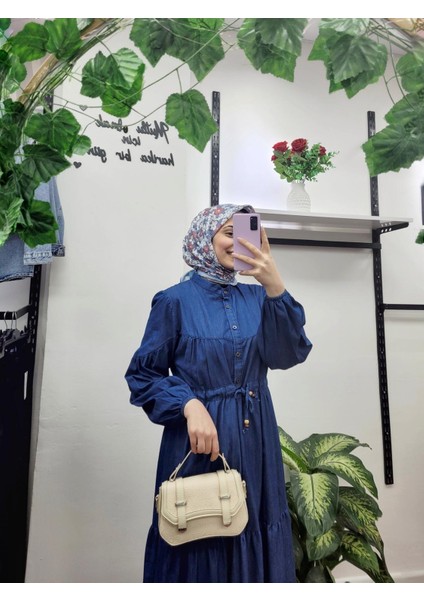 Yarım Düğmeli Eteği Fırfırlı Denim Kot Elbise modelleri