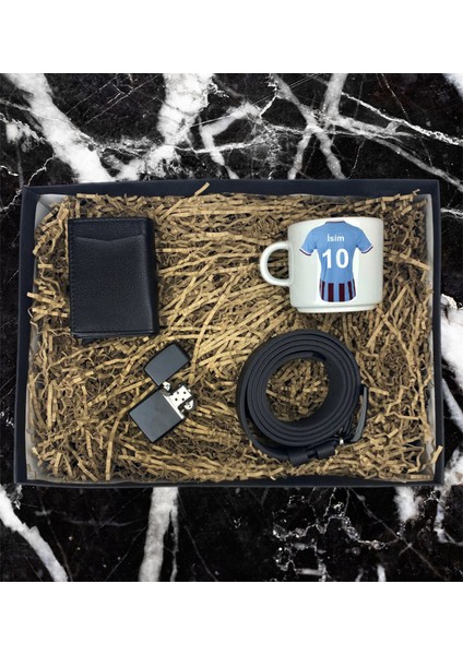 Kişiye Özel Bordo Mavi Taraftar Forma Tasarımlı Nescafe Fincanı Mekanizmalı Cüzdan Kemer Çakmak Özel Hediye Seti