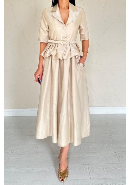 Bej Ince Kemerli Fırfırlı Ceket ve Büzgülü Etek Takım modelleri