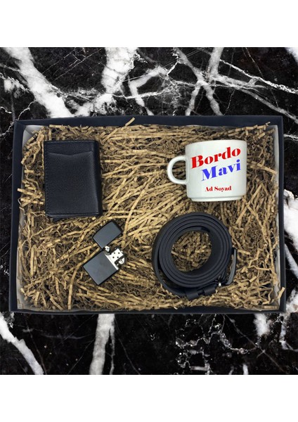 Kişiye Özel Bordo Mavi Taraftar Isim Soyisim Tasarımlı Nescafe Fincanı Mekanizmalı Cüzdan Kemer Çakmak Özel Hediye Seti