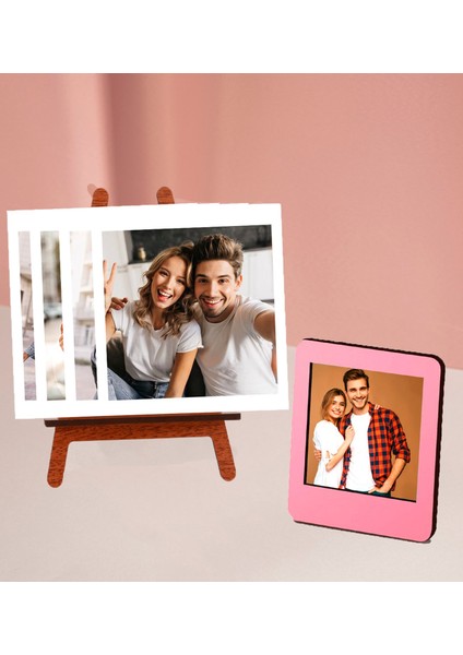 Kişiye Özel 4 Polokart Fotoğraflı Şövale ve Pembe Ahşap Mdf Çerçeve