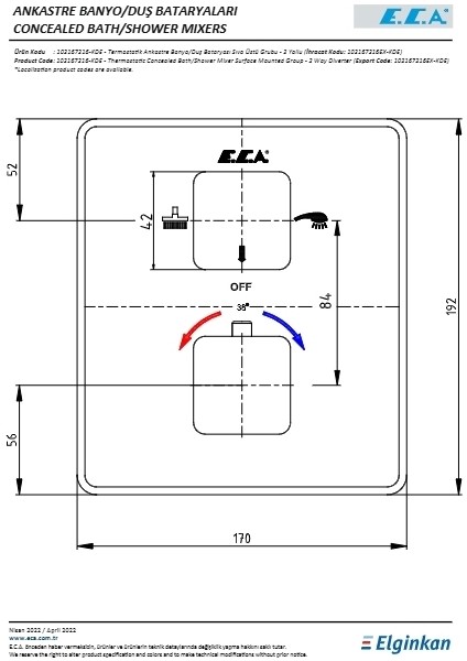 Eca Termostatik Ankastre Banyo Duş Bataryası Sıva Üstü 2 Yollu fiyatları
