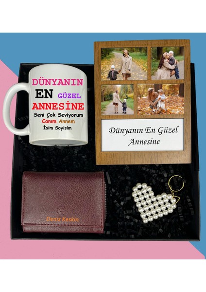Anneler Gününe Özel 4 Fotoğraflı Ahşap Masaüstü Kendi Mesajını Oluştur Kolaj Çerçeve Bayan Cüzdan Inci Anahtarlık