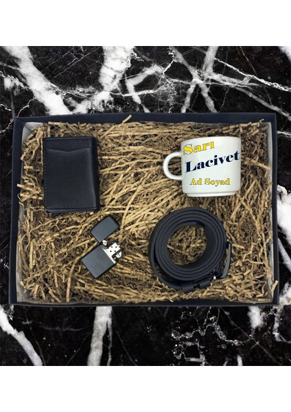 Kişiye Özel Sarı Lacivert Taraftar Tasarımlı Nescafe Fincanı Mekanizmalı Cüzdan Kemer Çakmak Özel Hediye Seti