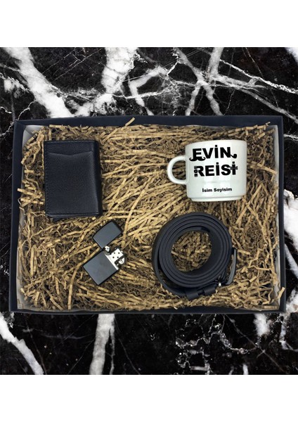 Kişiye Özel Evin Reisi Tasarımlı Nescafe Fincanı Mekanizmalı Cüzdan Kemer Çakmak Özel Hediye Seti