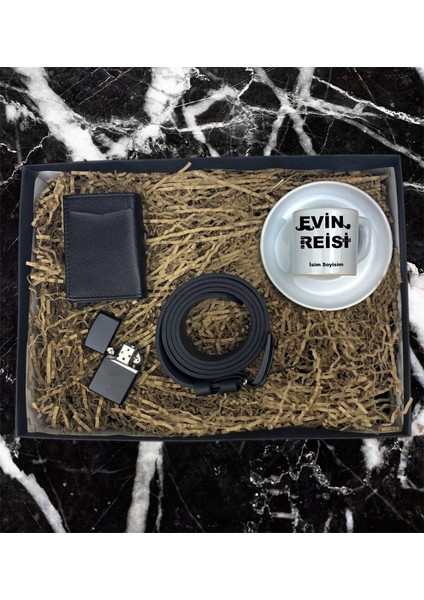 Kişiye Özel Evin Reisi Tasarımlı Türk Kahve Fincanı Mekanizmalı Cüzdan Kemer Çakmak Özel Hediye Seti