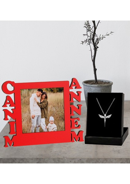 Annelere Özel Özel Canım Annem Tasarımlı Fotoğraflı Ahşap Çerçeve ve Melek Kolye