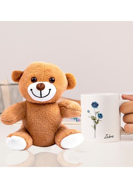 Kişiye Özel 25CM Peluş Ayıcık ve Gül ve Isim Tasarımlı Beyaz Kupa