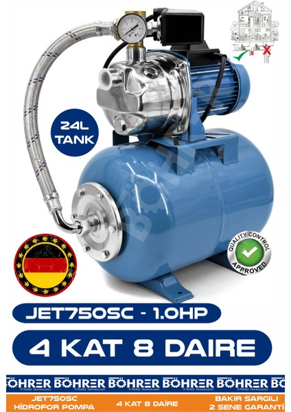 JET750SC 1.0 Hp Paslanmaz Giriş Çıkış 24L Yatay Genleşme Tank -- Otomatik Hidrofor Bina Bahçe Su Pompası – 4 Kat 8 Daire - Su Basıncında Profesyonel Çözüm
