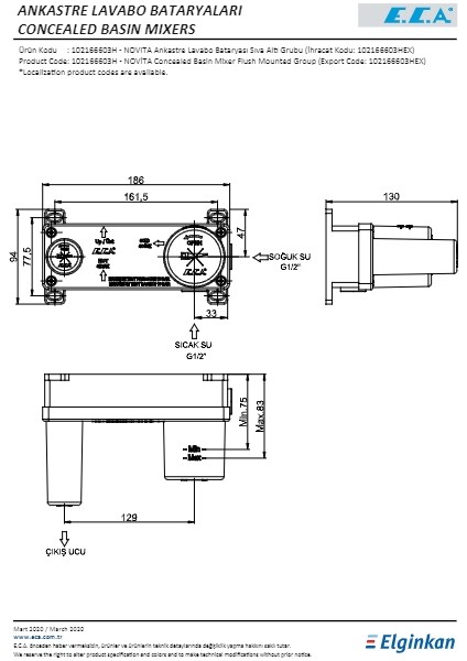 Eca Novita Ankastre Lavabo Bataryası Sıva Altı Tek Rozet fiyatları