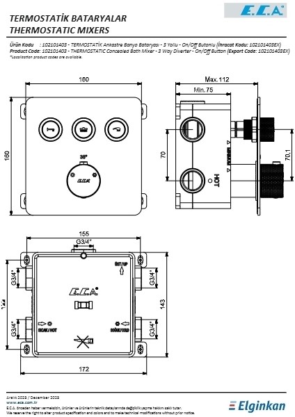 Eca Termostatik Ankastre Banyo Bataryası Sıva Üstü -Sıva Altı 3 Yollu fiyatları