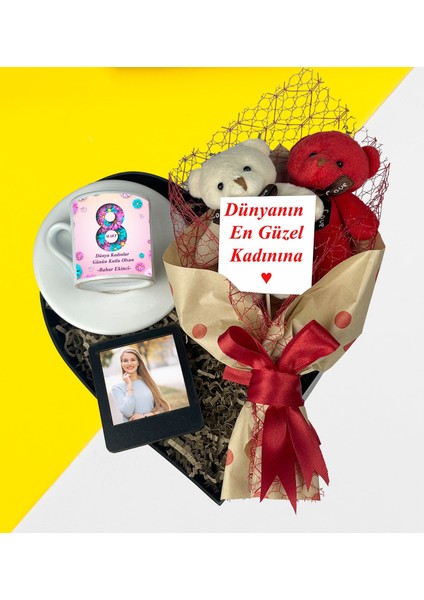Kadınlar Gününe Özel Kalpli Kutu Ayıcık Buketi Türk Kahve Fincanı Siyah Masaüstü Çerçeve
