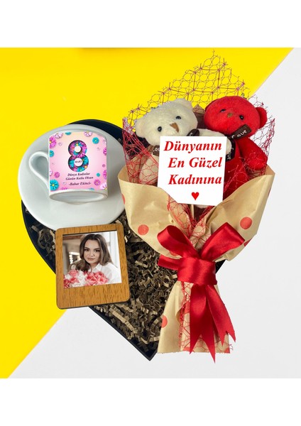 Kadınlar Gününe Özel Kalpli Kutu Ayıcık Buketi Türk Kahve Fincanı Siyah Masaüstü Çerçeve fiyatları