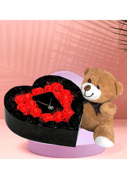 Kalp Kutu Çiçek Sevimli Peluş Ayıcık ve Kolye Sevgiliye Özel (Siyah-Kırmızı)