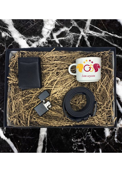 Kişiye Özel Sarı Kırmızı Taraftar Isim Soyisim Tasarımlı Nescafe Fincanı Mekanizmalı Cüzdan Kemer Çakmak Özel Hediye Seti