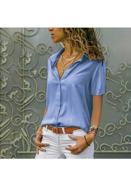 Kadın Kısa Kollu Dokuma Viskon Kumaş Gömlek