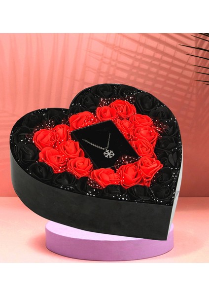Kalp Kutu New Özel Tasarım Çiçek ve Kolye Sevgiliye Özel (Siyah-Kırmızı)