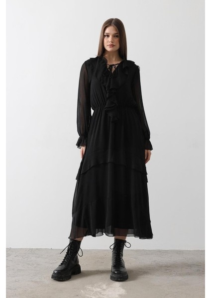 Fırfır Detaylı Şifon Elbise - Siyah fiyatları