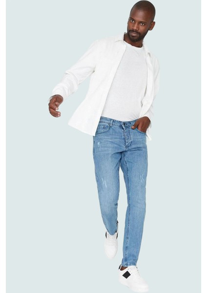 Erkek Slim Fit Dar Kesim Denim Kot Pantolon Yırtık Detaylı Casual Günlük Dayanıklı Malzeme